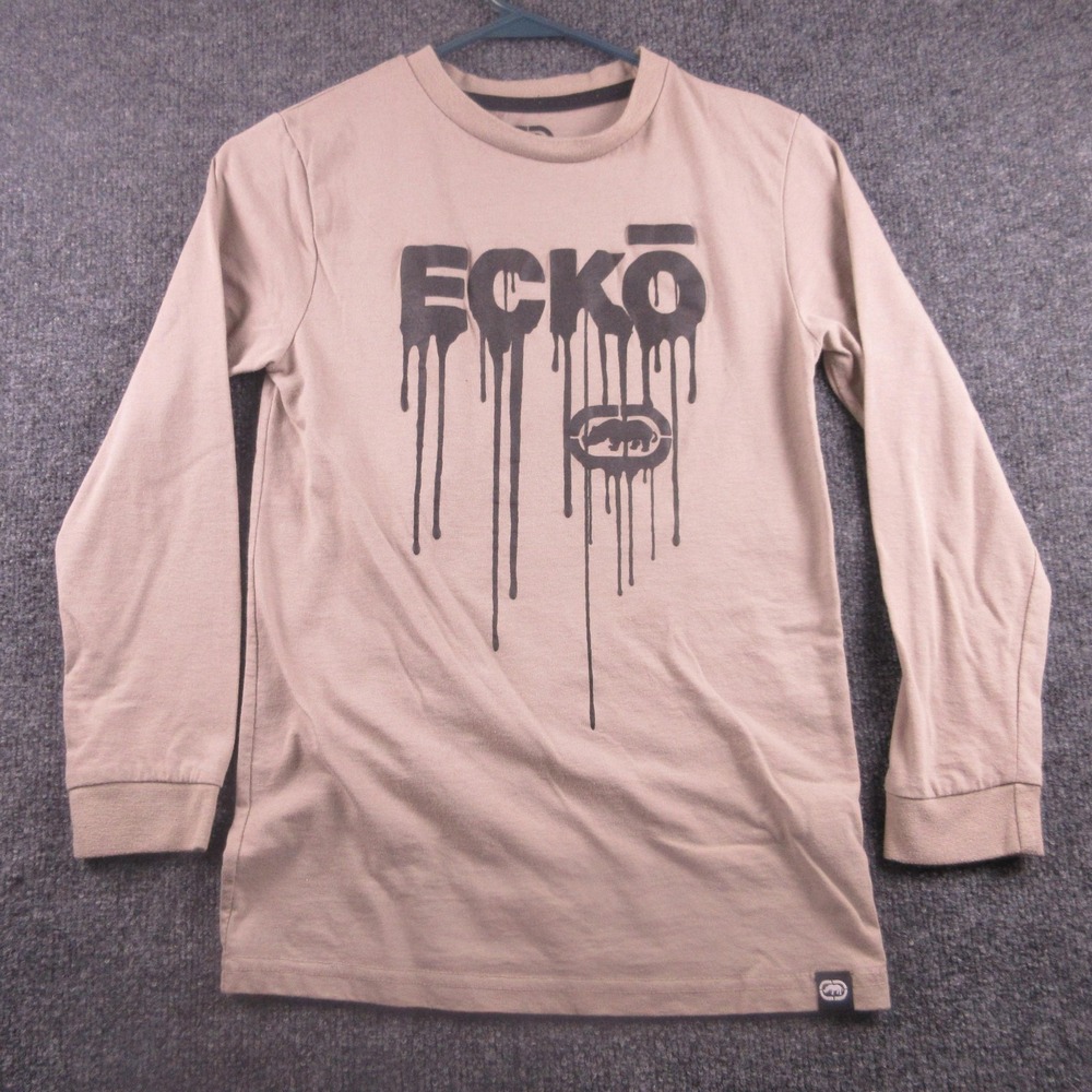 Ecko Unltd Shirt Boys 10-12 Beige Long Sleeve Drip Rhino Graphic Streetwear